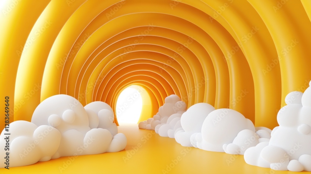 Poster abstract yellow tunnel with clouds leading to a bright light source