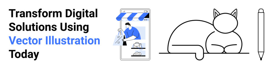 Smartphone interface showcasing an online store, a person interacting with content, seated cat outline, pencil. Ideal for e-commerce, creativity, digital solutions, marketing, user engagement