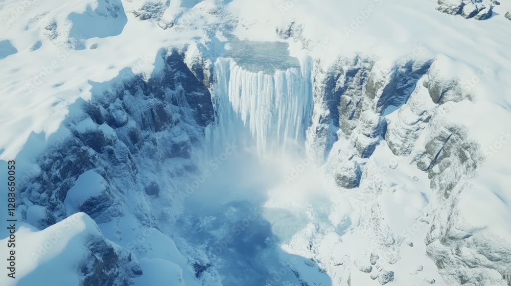 Poster majestic frozen waterfall cascading into an icy ravine, surrounded by snow covered cliffs and a pris