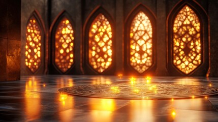Elegant illuminated space with intricate windows and glowing pattern