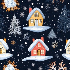 Fototapeta premium Seamless Christmas Style Felt House Patterns