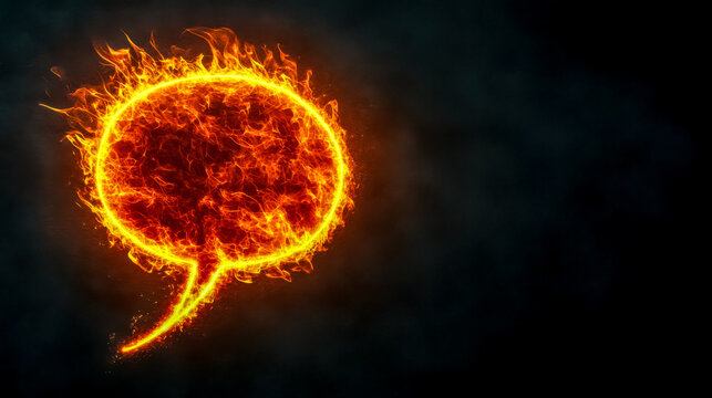 Fiery speech bubble burning with copy space on dark background