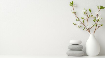 Simple zen stones and blossom branch on white background