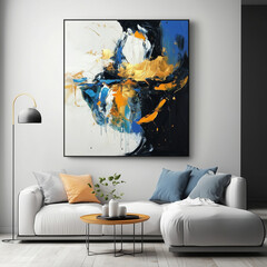 Modern living room with a large abstract painting in white, gold, blue, and black. A white sofa with decorative pillows, round wooden coffee table, and floor lamp create stylish and cozy atmosphere 