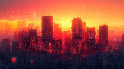Fototapeta premium Cyberpunk city skyline at sunset. Possible use Digital art stock photo