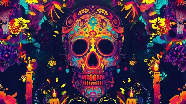 Colorful Dia de los Muertos artwork with flowers, skulls, and decorative elements on a dark background Day of the Dead. AI