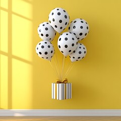 Cheerful Polka Dot Balloons and Gift Boxes on a Vibrant Yellow Wall Background
