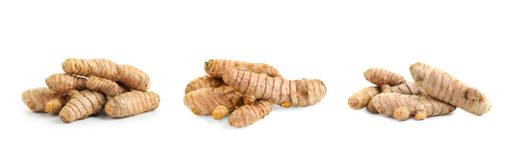 Set of turmeric roots isolated on white