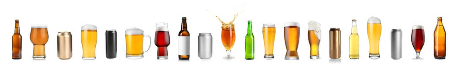 Different types of fresh beer isolated on white, set