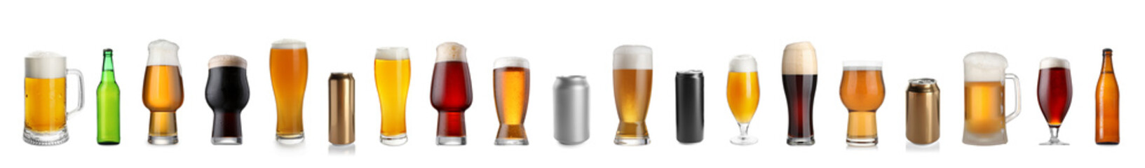 Different types of fresh beer isolated on white, set