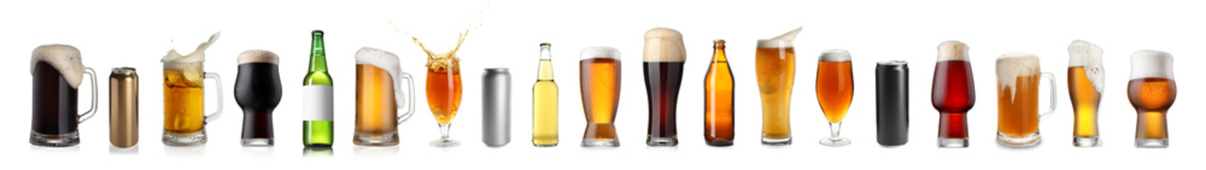 Different types of fresh beer isolated on white, set