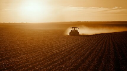 Fototapeta premium Tractor Working on Farm Field at Sunset with Dust and Golden Light