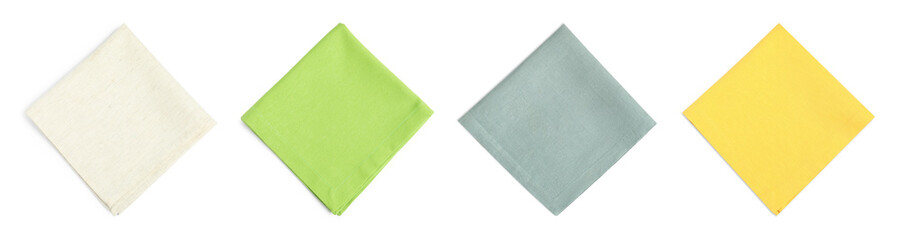 Different tablecloths isolated on white, set. Top view