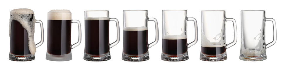 Drinking beer process. From full to empty glass on white background, step-by-step collage