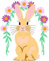 Cute Easter Bunny with pastel eggs and spring flowers. Perfect for holiday cards, decorations, and festive designs. Cheerful and whimsical illustration for Easter-themed projects.