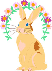Cute Easter Bunny with pastel eggs and spring flowers. Perfect for holiday cards, decorations, and festive designs. Cheerful and whimsical illustration for Easter-themed projects.