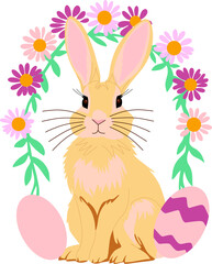 Cute Easter Bunny with pastel eggs and spring flowers. Perfect for holiday cards, decorations, and festive designs. Cheerful and whimsical illustration for Easter-themed projects.
