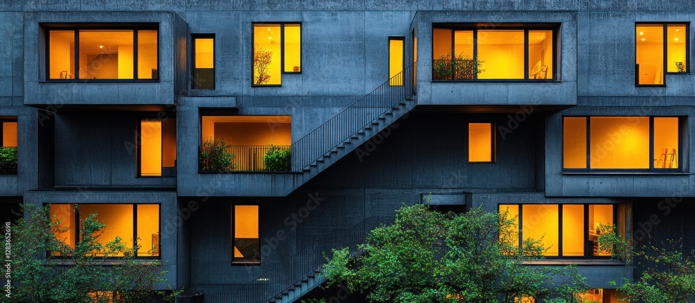 Poster modern architecture with bright yellow windows and staircase design at twilight
