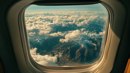 Obraz premium Aerial View: Airplane Window Shows Snow-Capped Mountains Soaring Above Fluffy Cloudscape