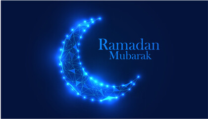 Low Poly Ramadan Mubarak Crescent Moon Illustration with Blue Glowing Geometric 3D Artwork Holy Time