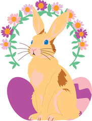 Cute Easter Bunny with pastel eggs and spring flowers. Perfect for holiday cards, decorations, and festive designs. Cheerful and whimsical illustration for Easter-themed projects.