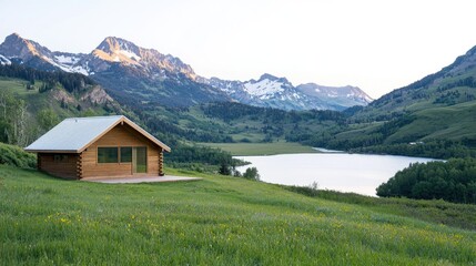 Obraz premium Mountain cabin lake view sunrise