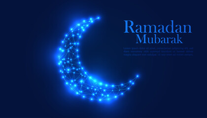 Low Poly Ramadan Mubarak Crescent Moon Illustration with Blue Glowing Geometric 3D Artwork Holy Time