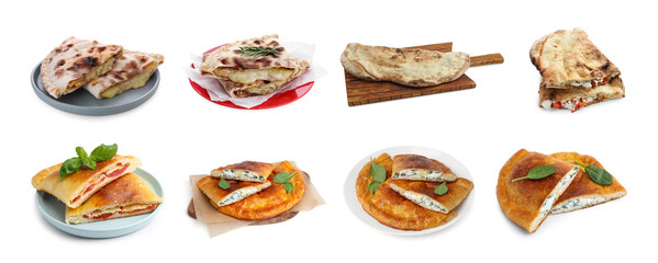 Different delicious calzones isolated on white, set