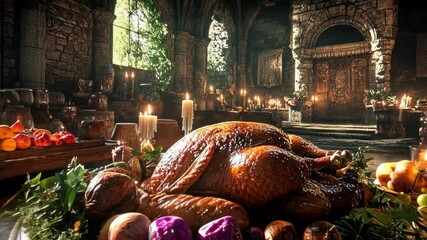 Rustic medieval feast with roast turkey in stone hall illuminated by candlelight. Happy Thanksgiving