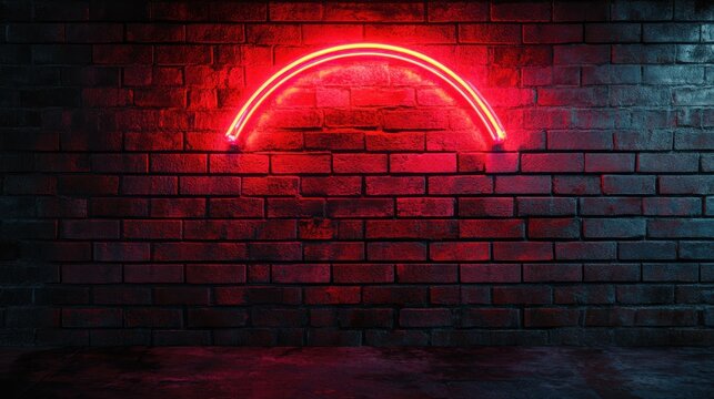 Neon red semi-circle on dark brick wall - stylish modern lighting background