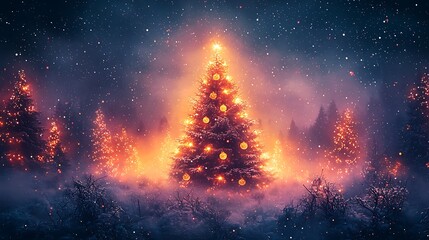 Naklejka premium Illuminated Christmas Tree In A Snowy Winter Forest