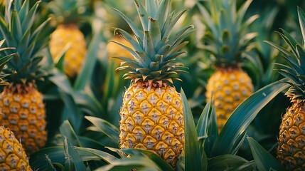 Obraz premium Pineapple Field Close-up with Lush Green Leaves Ready for Harvest