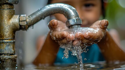 Child washing hands at outdoor water tap, blurred background
