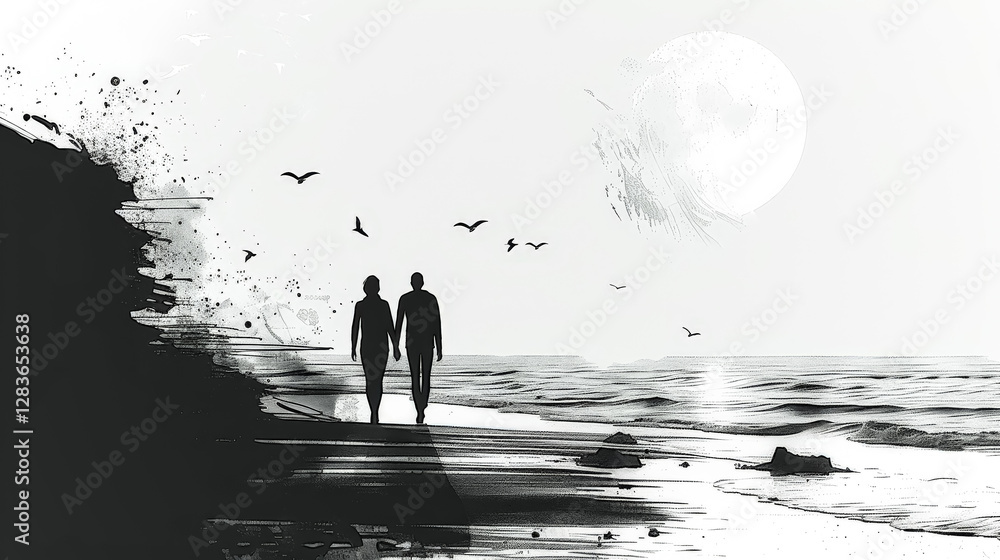 Poster couple walking on a beach with a large moon in the background