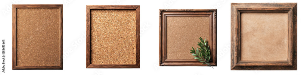 Aufkleber empty wooden frame with cork board for memo or notice display in vintage and rustic style blank dry 