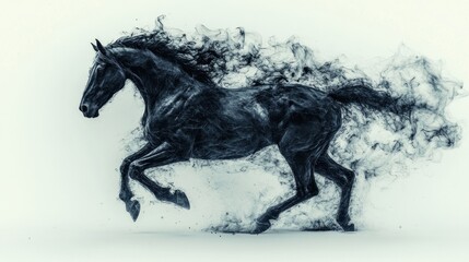 A black horse in motion, created with a smoky, artistic effect.