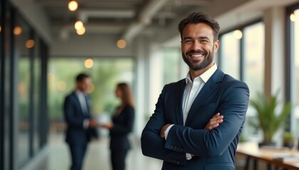 Confident business man smiling in modern office corridor during a professional meeting with colleagues in background