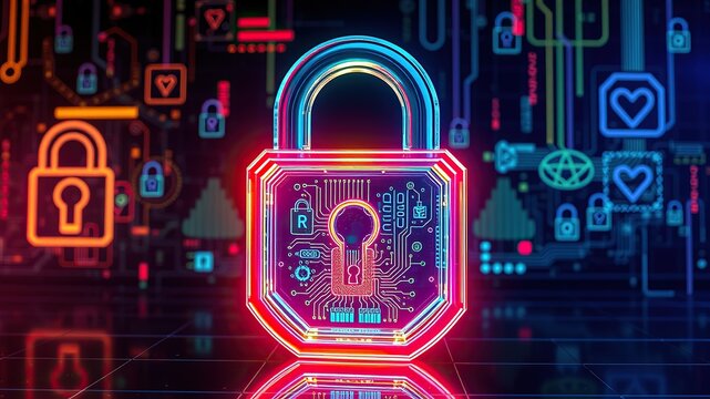 An image representing internet security. A three-dimensional, transparent padlock icon with an iridescent, glossy finish in rainbow colors. A dark, black background.