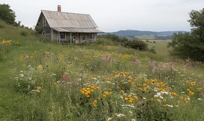 Rustic Cabin in a Wildflower Meadow Under a Cloudy Sky