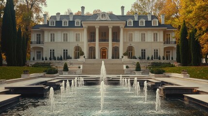 Naklejka premium Fountain with mansion background. Luxury lifestyle concept