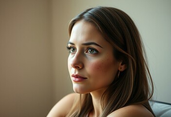 Fototapeta premium Photorealistic portrait of a 30-year-old female with freckled face in natural light