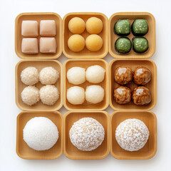 Rice sweets and desserts (dango) on wooden trays on a white background