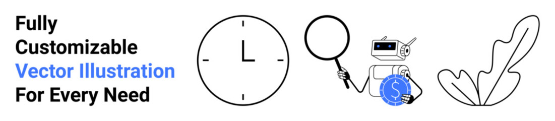 Large clock, magnifying glass, video camera with money symbol, and abstract leaf design. Ideal for productivity, technology, finance, research, creativity time management flat landing page banner