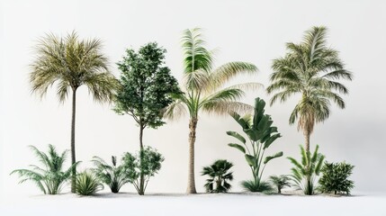 Diverse tropical plants and trees: elegant greenery in white setting