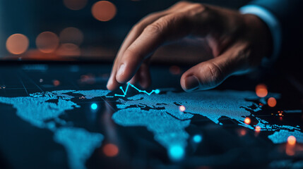 A close-up of a professionalâs hand using a touchscreen to highlight key locations on a digital world map, with glowing blue data points symbolizing global connections and expansio