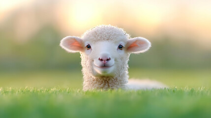 Naklejka premium Cute white lamb looking directly at the camera while lying in a green grassy field during a bright sunny day.