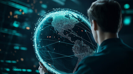 A tech specialist interacting with an illuminated 3D globe, selecting key locations for business expansion, while digital analytics and connection lines form in the background.
