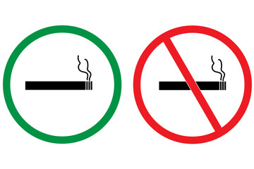No smoking area and smoking area sign printable red and green colour. No smoking, ban. No smoking symbol. no smoke circle in red and green. Forbidden icon. stop symbol icon set