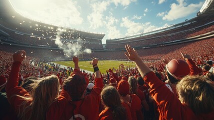 College stadium with the team running onto the field as the crowd cheers. Featuring excitement and anticipation