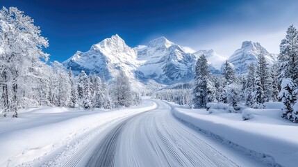 Snowy road winding through winter mountain landscape